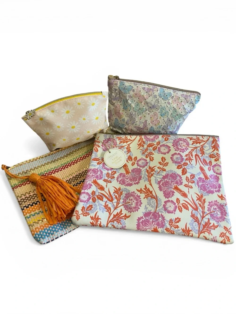 Lady Jayne Floral Pouch Bundle Woven Straw Clutch Ipsy Butterfly Daisy Set of 4
